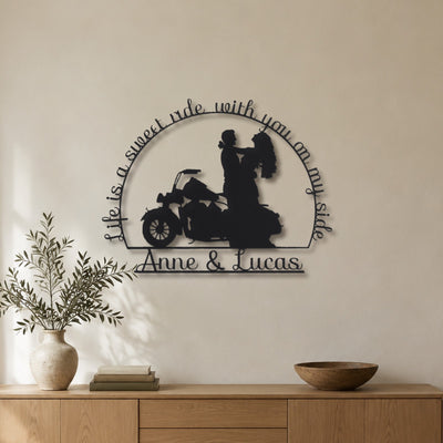 Vivre d’amour et de moto! – plaque en acier personnalisée au mur du salon – Steelmonks