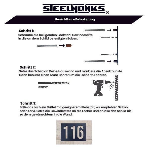 Plaque métallique Steelmonks,Kit de fixation invisible (boulons et vis sans tête). Kit de fixation pour décoration murale disponible en différentes tailles et couleurs.